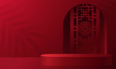 3d podyum, kare sahne podyumu ve kağıt sanatları Çin yeni yılı, Çin Festivalleri, Sonbahar ortası Festivali, kırmızı kağıt kesim, yelpaze, çiçek ve arka planda zanaat tarzıyla Asyalı unsurlar.