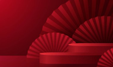 3d podyum, kare sahne podyumu ve kağıt sanatları Çin yeni yılı, Çin Festivalleri, Sonbahar ortası Festivali, kırmızı kağıt kesim, yelpaze, çiçek ve arka planda zanaat tarzıyla Asyalı unsurlar.