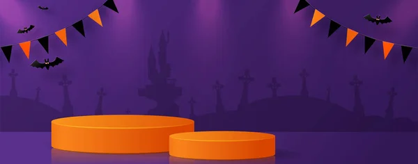 Halloween Festival Achtergrond Ontwerp Met Podium Ronde Vierkante Doos Podium — Stockvector