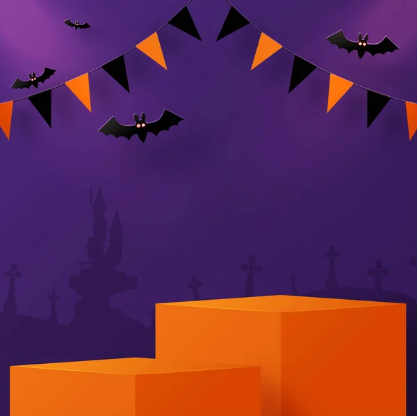 할로윈 디자인 Podium Square Box Stage Podium Ghost Pumpkin Bat — 스톡 벡터