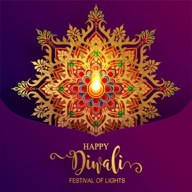 Diwali, Deepavali veya Dipavali altın Diya desenli ve kağıt renkteki kristaller ile Işıklar Hindistan Festivali arka plan