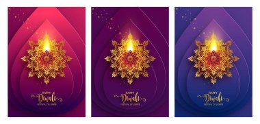 Diwali, Deepavali veya Dipavali altın Diya desenli ve kağıt renkteki kristaller ile Işıklar Hindistan Festivali arka plan