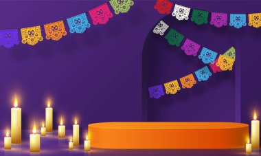 Ölüler Günü, Dia de los muertos arka planda kağıt kesikli sanat eserleri tarzıyla 3D