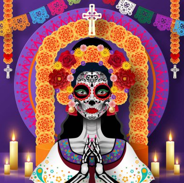 Ölüler Günü, Dia de los muertos arka planda kağıt kesikli sanat eserleri tarzıyla 3D
