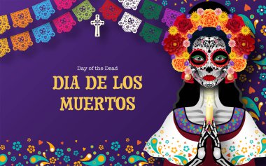 Ölüler Günü, Dia de los muertos arka planda kağıt kesikli sanat eserleri tarzıyla 3D