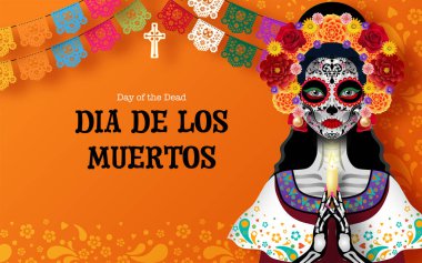 Ölüler Günü, Dia de los muertos arka planda kağıt kesikli sanat eserleri tarzıyla 3D