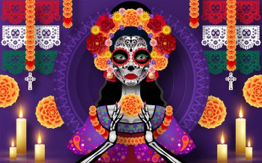 Ölüler Günü, Dia de los muertos arka planda kağıt kesikli sanat eserleri tarzıyla 3D