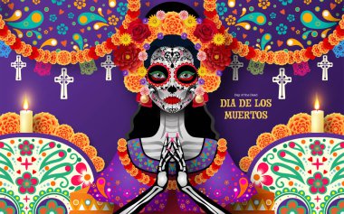 Ölüler Günü, Dia de los muertos arka planda kağıt kesikli sanat eserleri tarzıyla 3D