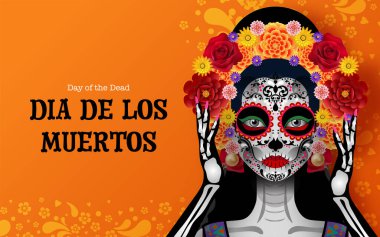 Ölüler Günü, Dia de los muertos arka planda kağıt kesikli sanat eserleri tarzıyla 3D