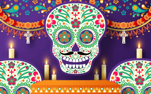 Ölüler Günü Dia Los Muertos Arka Planda Kağıt Kesikli Sanat — Stok Vektör