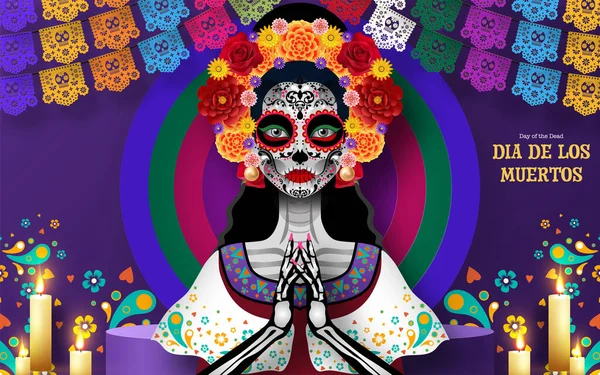 Ölüler Günü Dia Los Muertos Arka Planda Kağıt Kesikli Sanat — Stok Vektör
