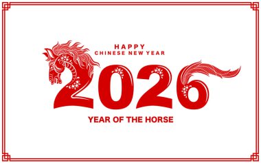 Mutlu Çin Yeni Yılı 2026 Çiçekli, fenerli at burcu, Asyalı elementler kırmızı ve altın renkli kağıt kesimi renk arkaplanı. Çevirisi: Atın 2026 yılı kutlu olsun. )