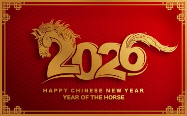 Mutlu Çin Yeni Yılı 2026 Çiçekli, fenerli at burcu, Asyalı elementler kırmızı ve altın renkli kağıt kesimi renk arkaplanı. Çevirisi: Atın 2026 yılı kutlu olsun. )