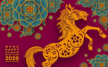 Mutlu Çin Yeni Yılı 2026 Çiçekli, fenerli at burcu, Asyalı elementler kırmızı ve altın renkli kağıt kesimi renk arkaplanı. Çevirisi: Atın 2026 yılı kutlu olsun. )