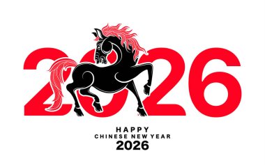 Mutlu Çin Yeni Yılı 2026 Çiçekli, fenerli at burcu, Asyalı elementler kırmızı ve altın renkli kağıt kesimi renk arkaplanı. Çevirisi: Atın 2026 yılı kutlu olsun. )
