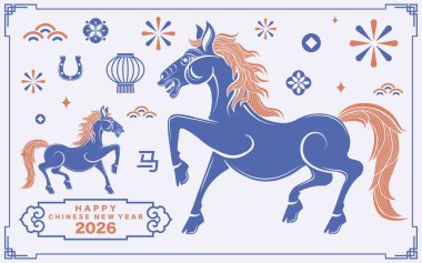 Mutlu Çin Yeni Yılı 2026 Çiçekli, fenerli at burcu, Asyalı elementler kırmızı ve altın renkli kağıt kesimi renk arkaplanı. Çevirisi: Atın 2026 yılı kutlu olsun. )