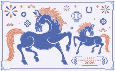 Mutlu Çin Yeni Yılı 2026 Çiçekli, fenerli at burcu, Asyalı elementler kırmızı ve altın renkli kağıt kesimi renk arkaplanı. Çevirisi: Atın 2026 yılı kutlu olsun. )