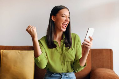 Çok mutlu bir kadın mesajda iyi haberler okuyor, iş başarısını kutluyor ya da online piyango kazanıyor, evet işareti yapıyor, akıllı telefon ekranına bakıyor, evdeki kanepede oturuyor.
