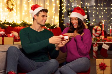 Sevgilisine sürpriz yapan bir adam. Romantik bir çift. Yılbaşı ve Noel 'i evde kutluyor.