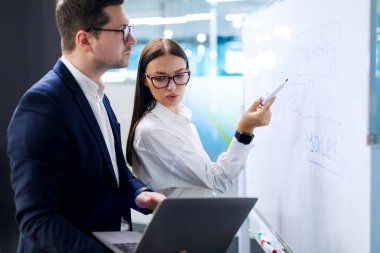 Odaklanmış iş kadını beyaz tahtaya yazı yazıyor ve raporunu kontrol ediyor. Ofisteki sunumdan önce erkek arkadaşla konuşuyor.