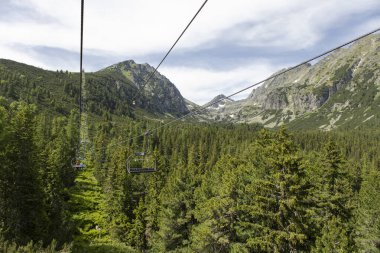 Yaz mevsiminde kayak merkezinde boş bir teleferik, yeşil çimenler, köknar ağaçları, mavi gökyüzü ve kar yok.