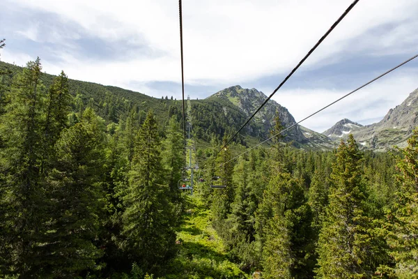 Yaz mevsiminde boş teleferikli kayak merkezi, yeşil çimenler, köknar ağaçları, mavi gökyüzü ve kar yok, boş alan.