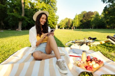 Yaz boyunca yeşil parkta dinlenen bir kadın, piknik battaniyesine oturmuş cep telefonunu karıştırıyor, boş vaktini dijital bağlantıyla harmanlıyor.
