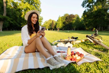 Kadın parkta dinleniyor, battaniyeye oturuyor, cep telefonuna bakıyor ve piknik sırasında yemekle gülümsüyor. Tek başına kaçma ve hafta sonu tatili.