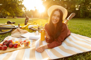 Park boş zamanı. Kaygısız kadın akşam pikniği yapıyor, battaniyenin üzerinde dinleniyor ve soğuk meyve suyunun tadını çıkarıyor, kameraya gülümsüyor.
