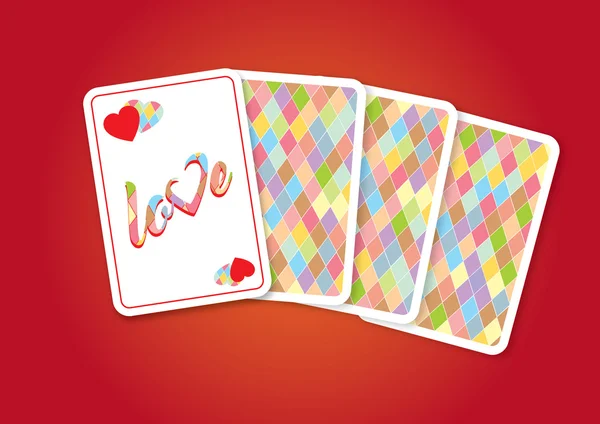 Jugar a las cartas, el reverso multicolor y el corazón y la palabra amor sobre fondo blanco  . — Vector de stock