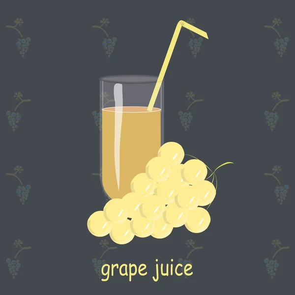Un verre de jus de raisin, des pailles jaunes, des raisins jaunes sur un fond bleu foncé — Image vectorielle