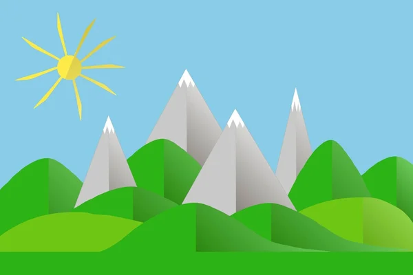 Berglandschap. Grijze bergen met witte toppen, groene heuvels, gele zon, blauwe hemel, schaduw — Stockvector