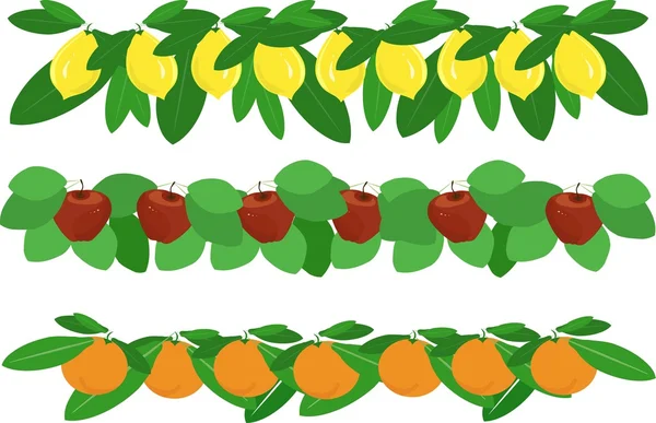 Guirnaldas de limones, manzanas, naranjas y hojas verdes sobre blanco — Vector de stock