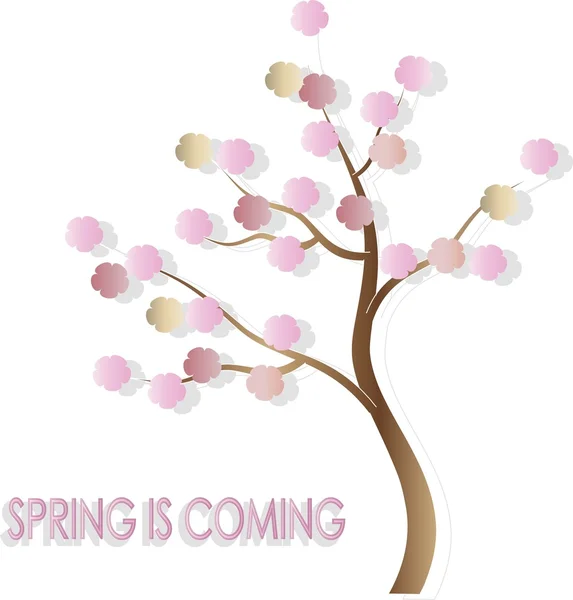 Banner tipográfico A primavera está chegando. A árvore tem um tronco marrom, flores cor-de-rosa, sombras cinzas, em branco —  Vetores de Stock