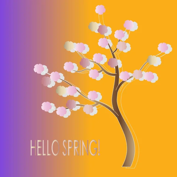 Banner tipográfico Olá primavera. A árvore tem um tronco marrom, flores rosa, sombra cinza, rosa, amarelo, fundo gradiente roxo —  Vetores de Stock