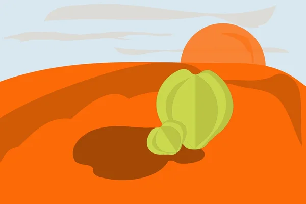 El paisaje del desierto, la puesta de sol. Arena naranja, dunas y sol, círculo de cactus verdes, cielo azul, sombras, noche serena — Archivo Imágenes Vectoriales