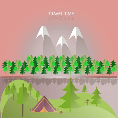 Green hills, trees and forest, violet mountains with white peaks, pink skies, river, tent, gray shade