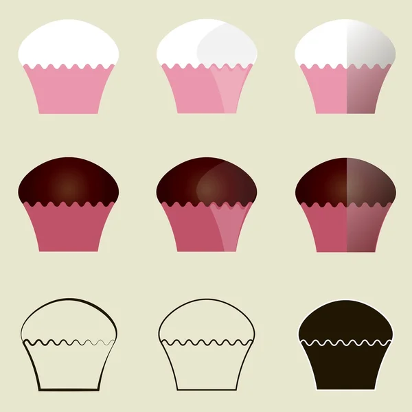 Muffins. Rosa y blanco, rosa y marrón, contornos negros y contornos de magdalenas sobre fondo gris claro — Archivo Imágenes Vectoriales