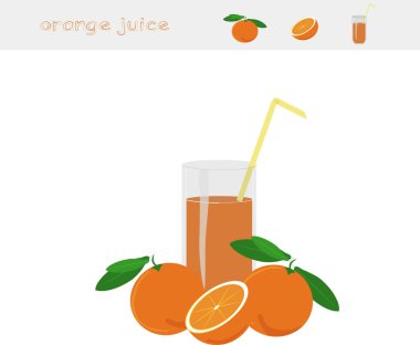 Banner Orange juice. A glass of juice, straw yellow, orange with green leaves, cut orange on white background