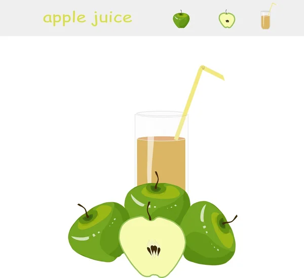Bannière Jus de pomme. Un verre de jus, paille jaune, pomme verte, pomme coupée sur fond blanc — Image vectorielle