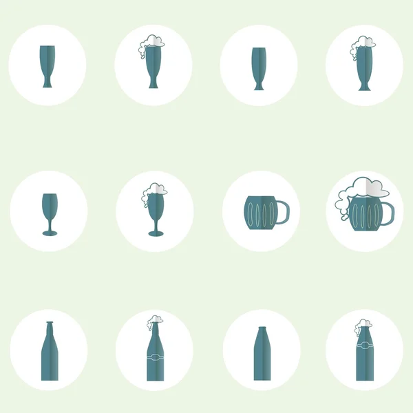 Bier und Apfelwein runde Ikone, flaches Design. blaue Symbole Gläser, Tassen, Tassen, Schaum auf weißem, hellblauem Hintergrund — Stockvektor