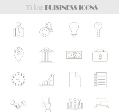 Doğrusal iş simgeleri. Beyaz arka planda ince siyah çizgiler, illüstrasyon