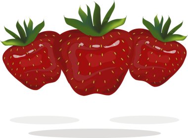 Beyaz arka plan üzerinde kırmızı çilek yeşil kökleri, gölgeler, el çizim, boyama