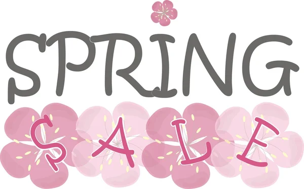 Banner tipográfico Venda de primavera. Letras vermelhas e pretas, flores cor-de-rosa em branco, design de embalagem. Elementos de design, ilustração, vetor — Vetor de Stock