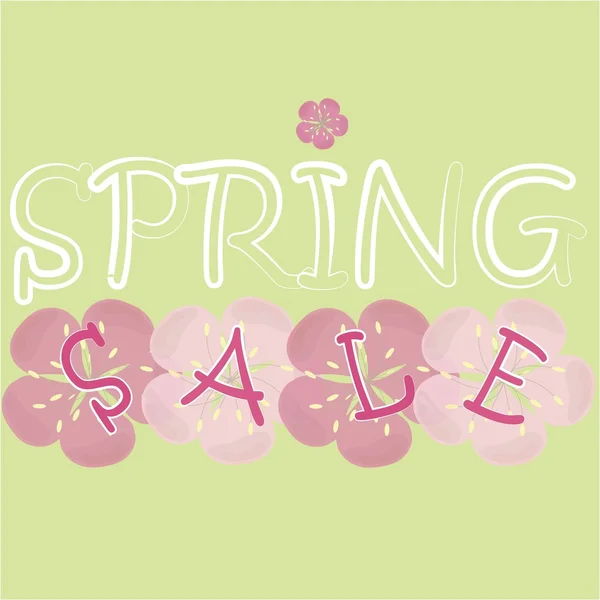 Typography banner Spring sale.  Red and white letters, pink flowers on light green, packing design. Design elements — Stock Vector