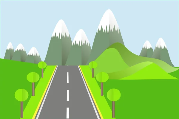 Paysage montagneux en été. Montagne vert foncé avec un sommet blanc, une route asphaltée grise. Design plat moderne, élément design — Image vectorielle