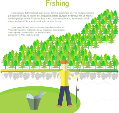 Tipografi balıkçılık, Lorem Ipsum banner. Olta balık, nehir, orman beyaz üzerine bir kova ile Balık tutma
