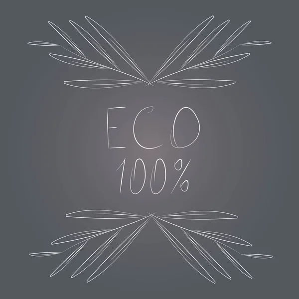 Typografie banner Eco 100%. Witte letters en abstracte tak van plant op donker blauwe achtergrond, hand tekenen — Stockvector