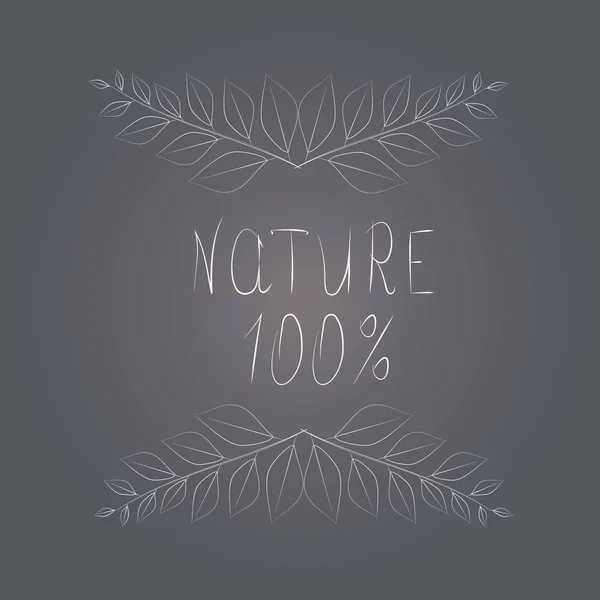 Typografie Banner Natur 100%. weiße Buchstaben und abstrakter Pflanzenzweig auf dunkelblauem Hintergrund, Handzeichnung — Stockvektor