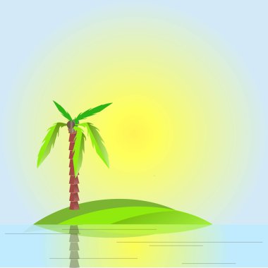 Kahverengi gövde ve meyve yeşil ada, mavi gökyüzü, su, sarı güneş ile yeşil palmiye ağacı